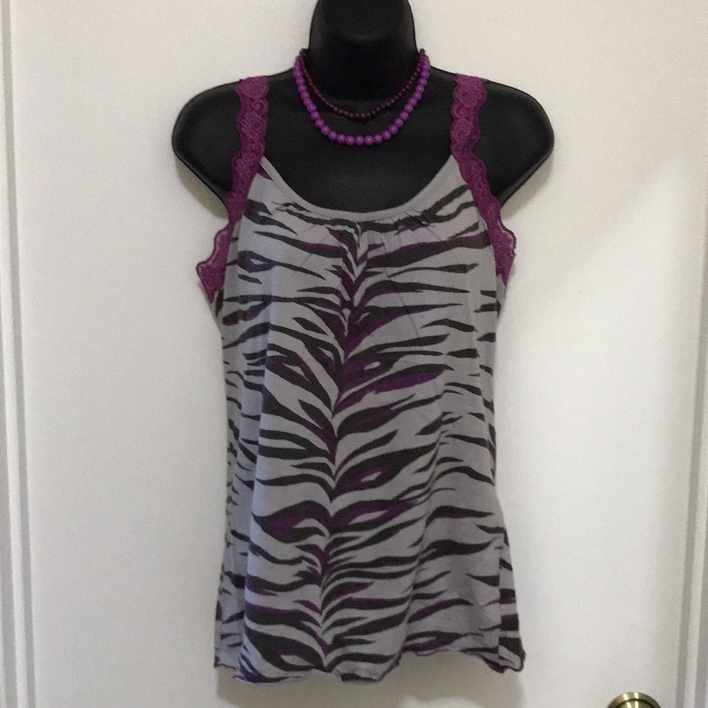 Grey and Purple Zebra Print Tank with Lace Straps - Women’s Large